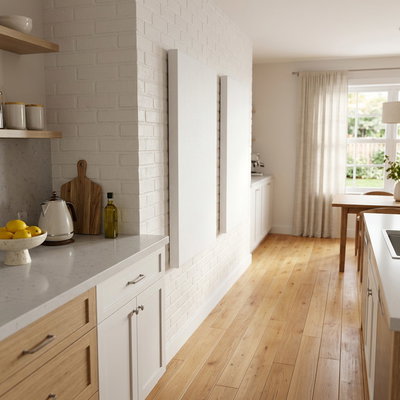 SilentDirect PES Allergy Wall sound absorbers, 50 mm, installed in a home kitchen