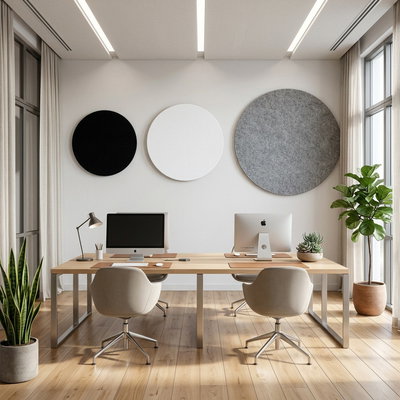 SilentDirect PES Circle Wall round sound absorbers (50 mm) in an office with modern interior design