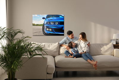 Ljuddämpande tavla - Sporty blue car and nature