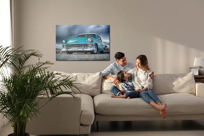 Ljuddämpande tavla - Turquoise car and clouds