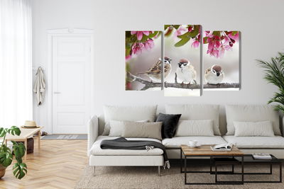 Ljuddämpande tavla - Sparrows among flowers