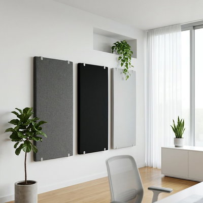 SilentDirect PES Wall Fabric -seinävaimentimet, mustat ja harmaat, asennettuina työympäristöön