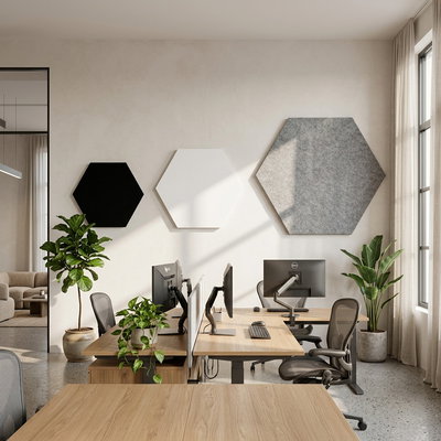 SilentDirect PES Hexagon Wall sound-absorbing wall panels in black, white, and gray, mounted on the wall