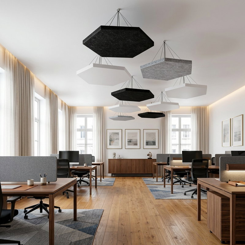 Ljudabsorbering till tak - vit, grå och svart panel hängande i tak, kontorsmiljö med vajrar.