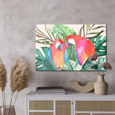 Ljuddämpande tavla - Parrots and tropical leaves