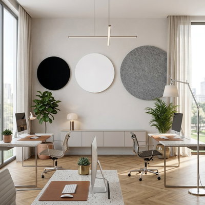 SilentDirect PES Circle Wall round sound absorbers, 50 mm, mounted on a wall in an office