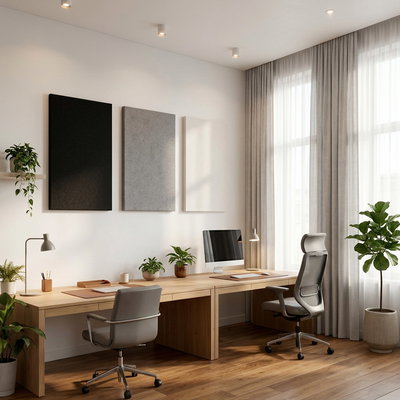 SilentDirect PES Wall wall absorbers, 50 mm, mounted on a wall in an office environment