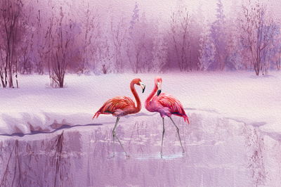 Ljuddämpande tavla - Flamingos against a purple
