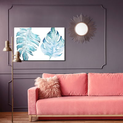 Ljuddämpande tavla - Blue monstera leaves painted