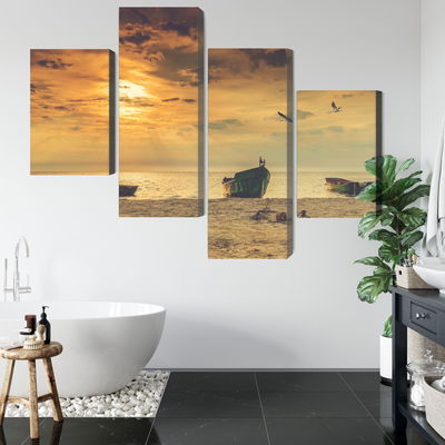 Ljuddämpande tavla - Boats on the beach at sunset