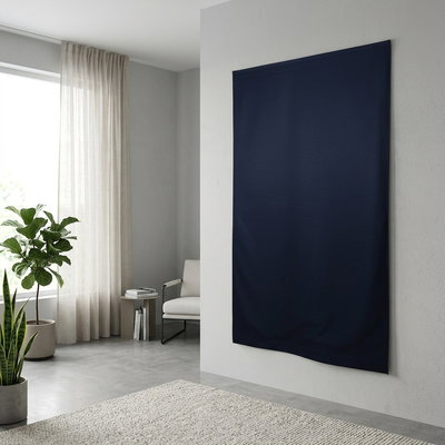 SilentDirect Acoustic Wall Textile sound-absorbing wall fabric in blue, installed in the living room