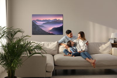 Ljuddämpande tavla - Mountains in fog at evening