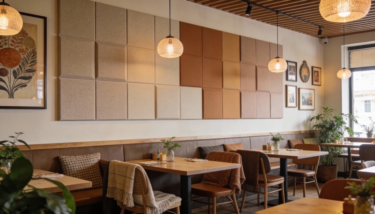 Kunskapsportal om ljudabsorbering av vägg i restaurang som minskar eko och förbättrar ljudmiljön.