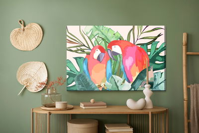 Ljuddämpande tavla - Parrots and tropical leaves