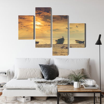 Ljuddämpande tavla - Boats on the beach at sunset