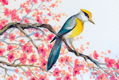 Ljuddämpande tavla - Bird and flowers on the tree