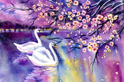 Ljuddämpande tavla - Swans and flowers