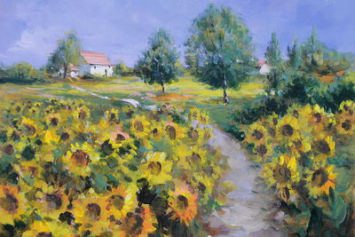 Ljuddämpande tavla - A landscape with sunflowers