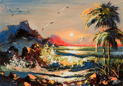 Ljuddämpande tavla - Painted landscape with sunset