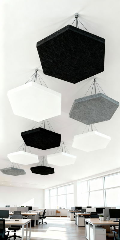 Ljudabsorbering till tak - PES hexagon ceiling