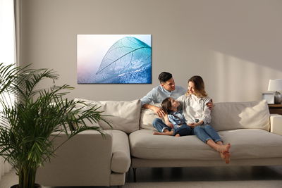 Ljuddämpande tavla - Leaf in macro scale in blue