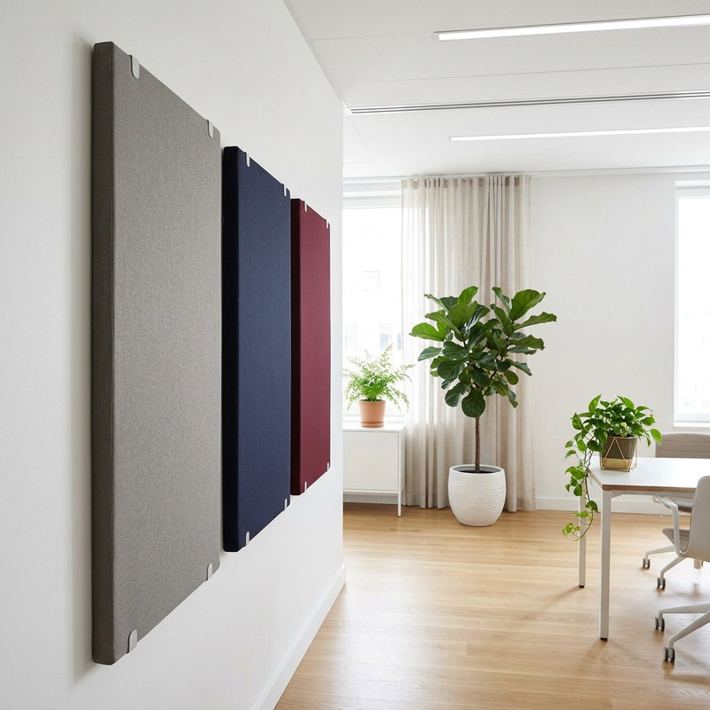 SilentDirect PES Wall Fabric väggabsorbenter 50 mm med tyg monterade i kontorsmiljö