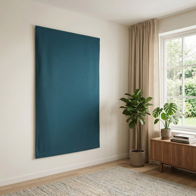 SilentDirect Acoustic Wall Textile in turquoise, installed in the living room