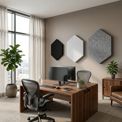 SilentDirect PES Hexagon Wall sound-absorbing panels mounted on the wall above the desk