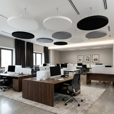 Äänenvaimennus kattoon – PES circle ceiling -kattolevyt kaikissa väreissä, ripustettu kattoon vaijerilla valoisassa toimistoympäristössä.