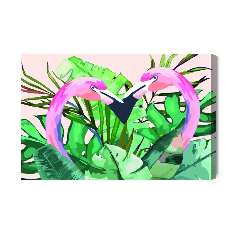Ljuddämpande tavla - Flamingos and tropical leaves