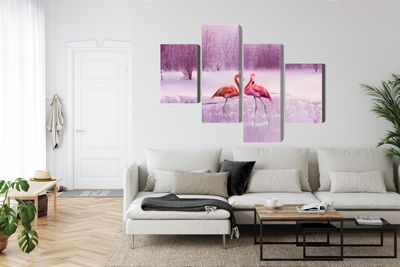 Ljuddämpande tavla - Flamingos against a purple