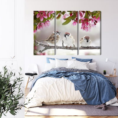 Ljuddämpande tavla - Sparrows among flowers