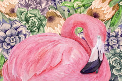 Ljuddämpande tavla - Flamingo and flowers