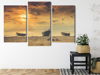 Ljuddämpande tavla - Boats on the beach at sunset