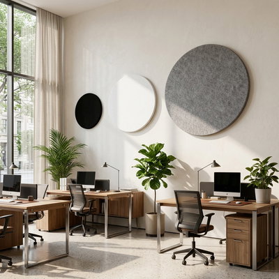 SilentDirect PES Circle Wall round wall absorbers in black, white, and gray for offices