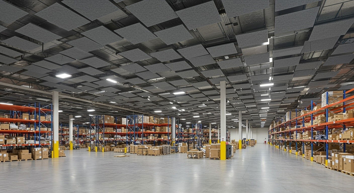 Kunskapsportal om ljudabsorbering i industri och lager samt hur eko och efterklang kan minskas i stora lokaler.