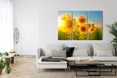 Ljuddämpande tavla - Sunflower field at sunset 3d