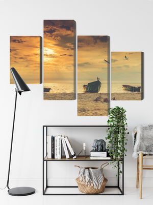 Ljuddämpande tavla - Boats on the beach at sunset