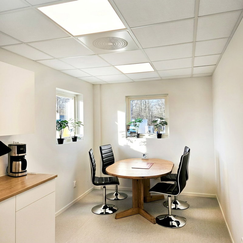 SilentDirect PES 592x592 ljudabsorbenter 50 mm monterade i bärverkstak i kontorsmiljö