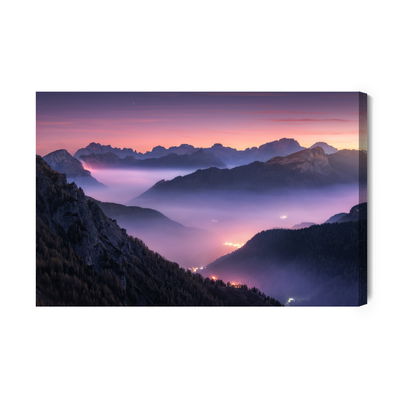 Ljuddämpande tavla - Mountains in fog at evening