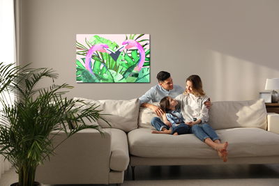 Ljuddämpande tavla - Flamingos and tropical leaves