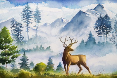 Ljuddämpande tavla - Moutain landscape with deer