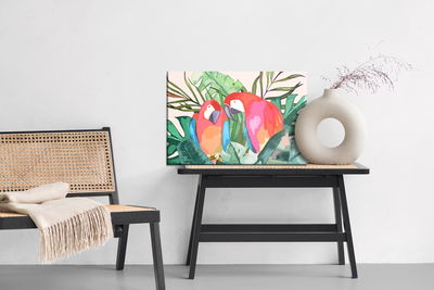 Ljuddämpande tavla - Parrots and tropical leaves
