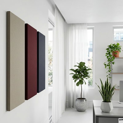 SilentDirect PES Wall Fabric -seinäpaneelit beige- ja punasävyissä modernissa ympäristössä