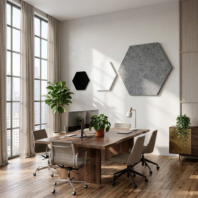 SilentDirect PES Hexagon Wall hexagonal wall absorbers, 50 mm, installed in a meeting room