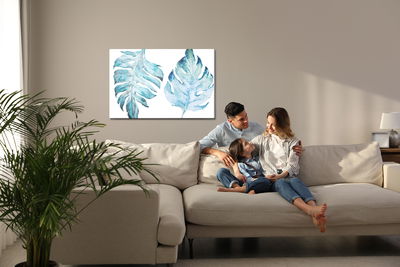 Ljuddämpande tavla - Blue monstera leaves painted