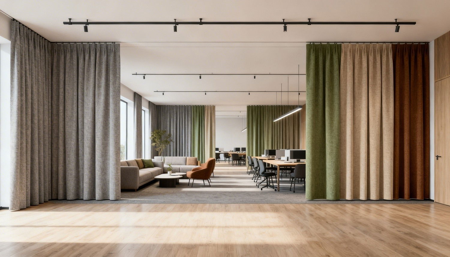 Ljudabsorberande rumsavdelare i tyg