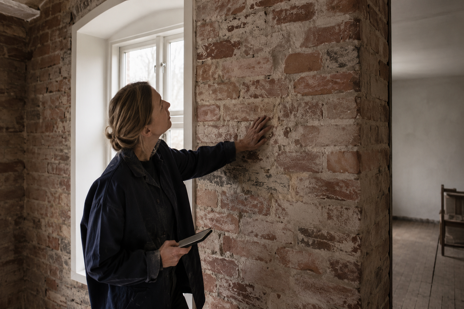 Inspektion inför anpassad ljudisolering av timmer-, plank- och tegelväggar i ett äldre hus.