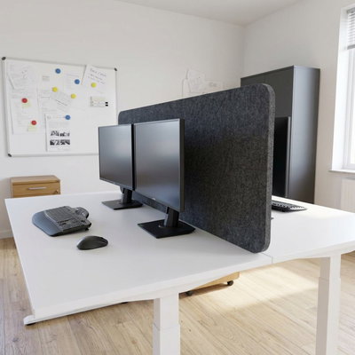 Bulletin Desk Screen: a gray desk screen that provides privacy at the workspace