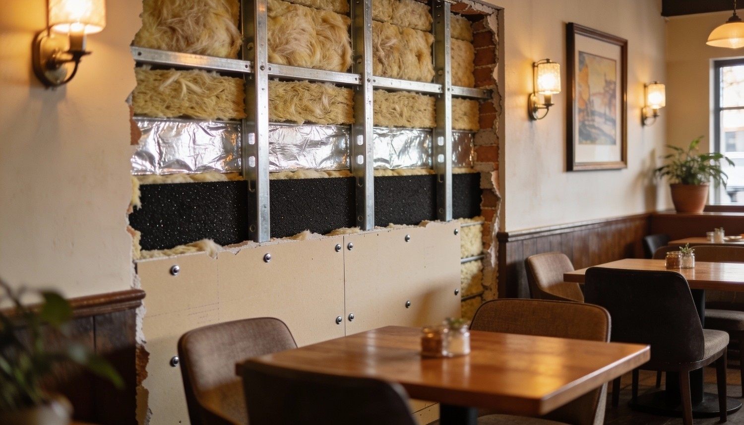 Kunskapsportal om ljudisolering av vägg i restaurang som minskar ljudspridning mellan rum.